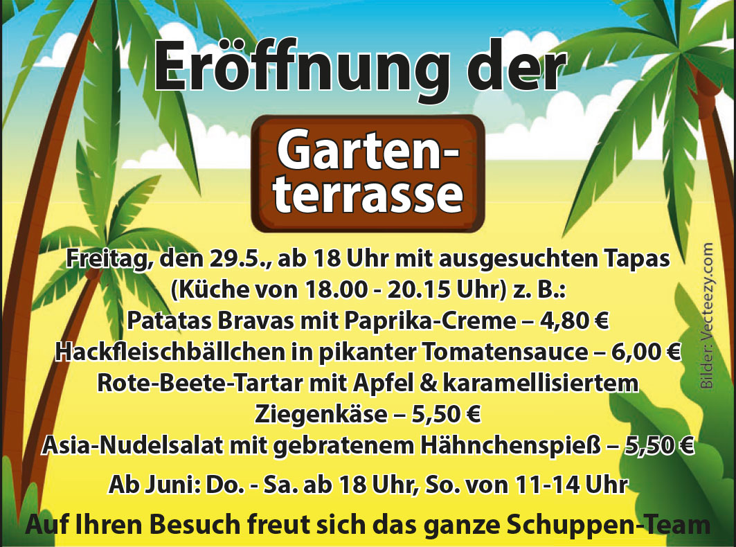 Ankündigung der Gartenterrasse des Stadionstübles Weil der Stadt Eröffnung der Gartenterrasse am 29.05.2026